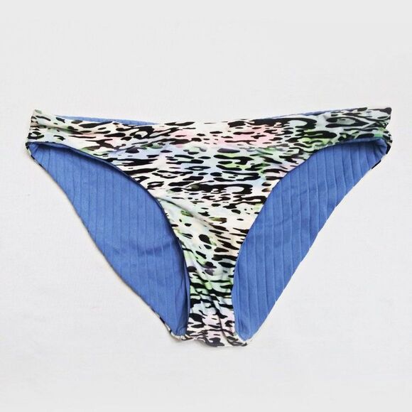 BECCA Reversible Hipster Bikini Bottom Leopard Print / Blue Ruching Sz L NWT - Picture 3 of 13